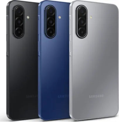 Samsung Galaxy A17 backs in black, dark blue and silver with the vertical triple camera